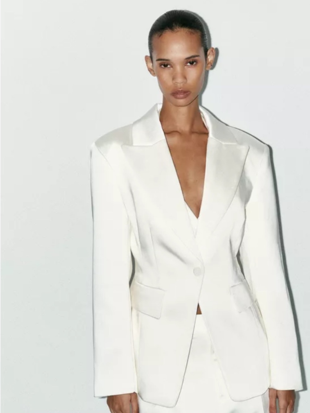 Zara White Satin Single-Button Tailored Blazer